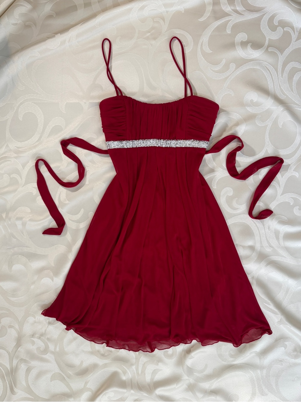 City Triangles Burgundy Spaghetti-Strap Chiffon Dress with Beaded Waist